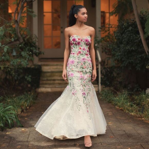 MAC DUGGAL 20652 Beige Strapless Bustier Floral Embroidered Mermaid Gown - Picture 3 of 15